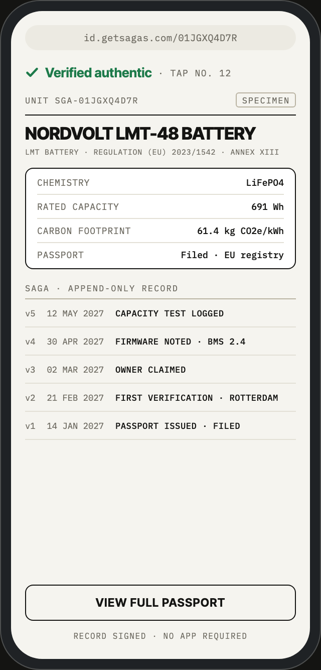 A phone showing a unit's saga: verified authentic, passport facts, and an append-only record from passport issued to capacity test logged
